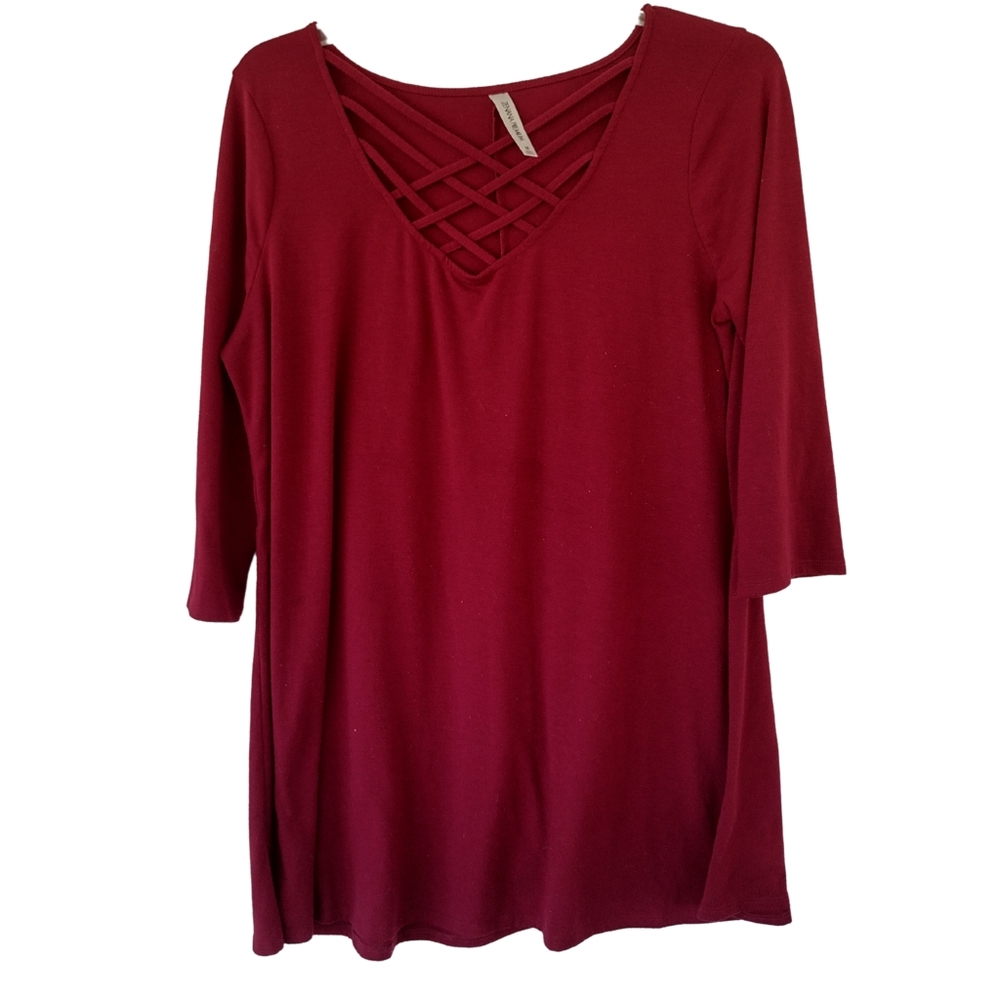 E) Zenana Premium Women’s Burgundy Crisscross Neck ¾ Sleeve Top Size 2X
